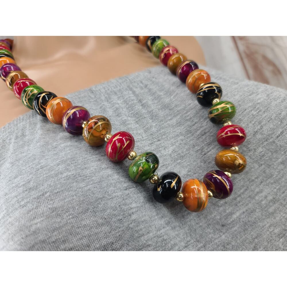 Vintage Bohemian Hand-Painted Wood Beaded Necklace Gold Bead Accents 29" L